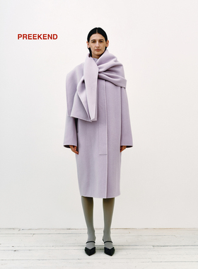 Preekend 100%羊毛紫色可拆卸围巾领茧型中长大衣
