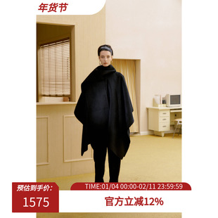 Preekend 100%初剪羊毛双面尼黑色围巾一片斗篷大衣