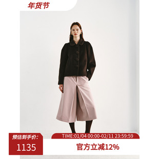 PREEKEND 咖色羊毛羊绒混纺单排圆扣娃娃领宽松短大衣外套