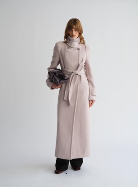 PREEKEND 羊毛羊绒混纺粉紫色/100%羊毛棕格纹圆肩立领长大衣