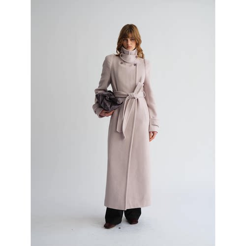PREEKEND 羊毛羊绒混纺粉紫色/100%羊毛棕格纹圆肩立领长大衣