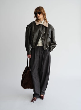 PREEKEND 咖色阔型抽褶翻领飞行员短皮夹克