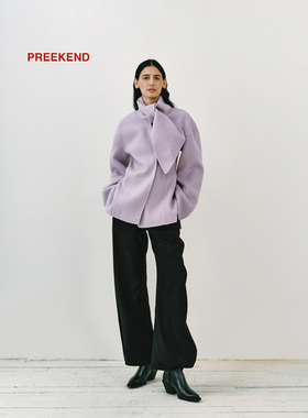 Preekend 100%羊毛紫藤色修身短款领结设计短双面呢大衣外套