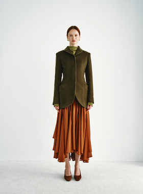 PREEKEND 100%羊毛立绒暗门襟收腰小翻领墨绿色中长款大衣