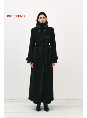 Preekend 100%羊毛白色黑色圆肩立领设计感长大衣