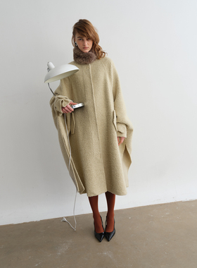 PREEKEND 羊毛混纺可拆卸褐灰围脖中长款阔型双面呢斗篷大衣