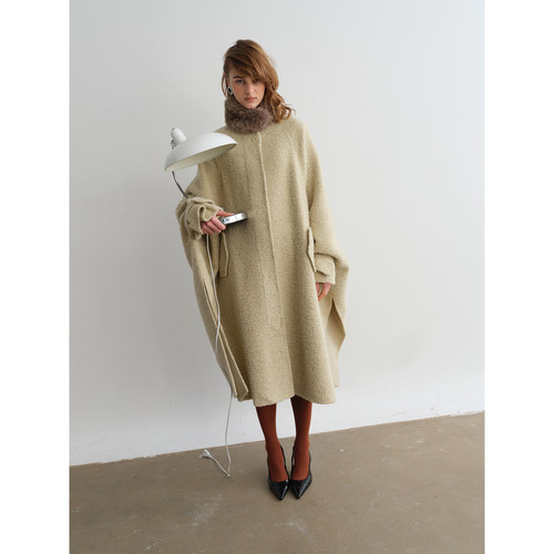 PREEKEND 羊毛混纺可拆卸褐灰围脖中长款阔型双面呢斗篷大衣