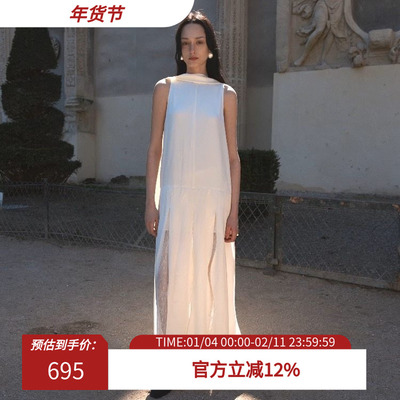 醋酸围巾领无袖蕾丝拼接开叉裙