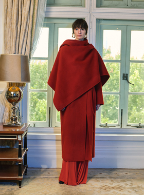 Preekend 红色蓝色披肩圆腰带羊毛双面尼大衣