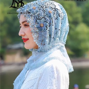 披肩帽礼拜盖头回民帽子头巾女包头帽连帽一体围巾纱巾蕾丝遮发帽