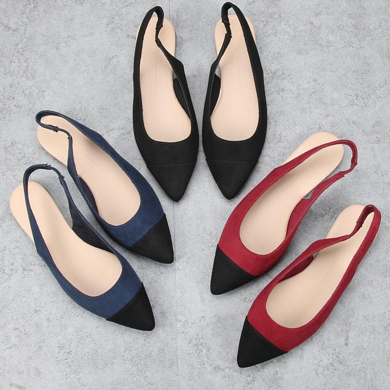 外贸大码鞋女欧美新款舒适凉鞋女浅口绒面松紧带套脚尖头平底女鞋