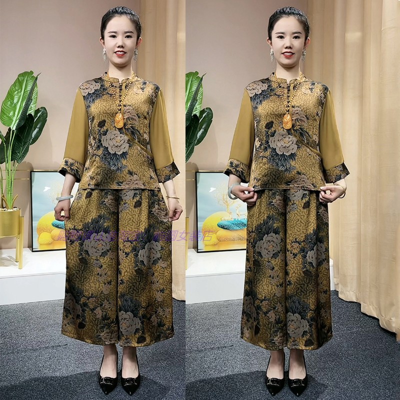 妈妈夏装时尚两件套装印花收腰显瘦复古旗袍衫香云纱阔腿裤上衣裤