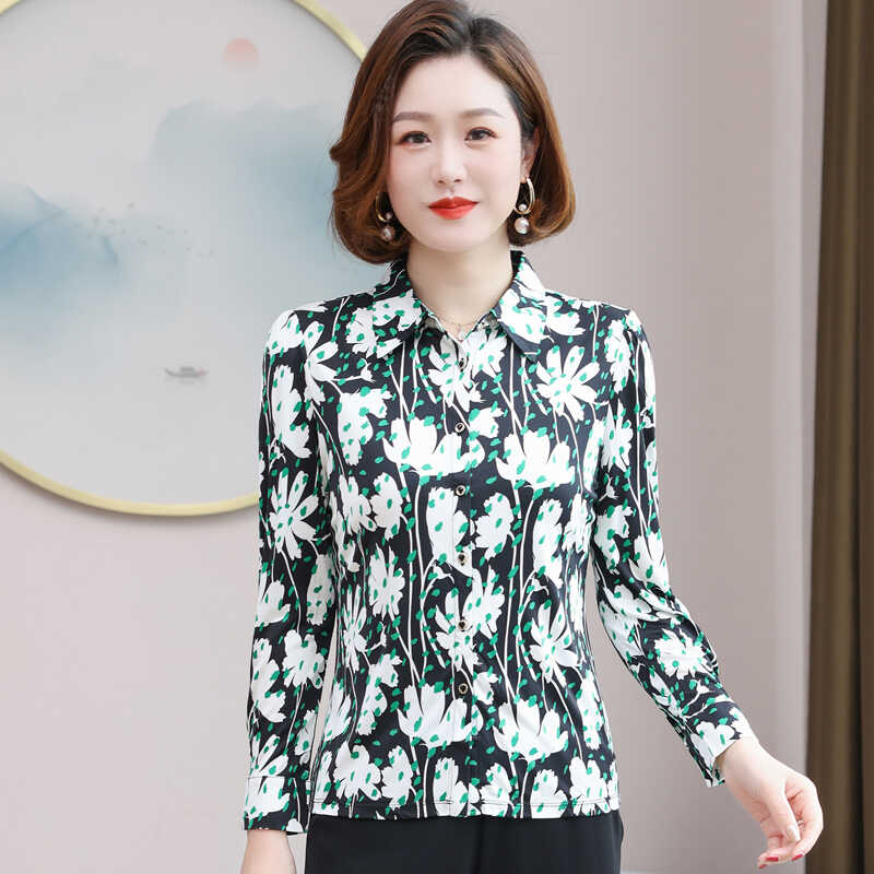 妈妈款桑蚕丝衬衫长袖女式2025春碎花大牌针织真丝打底衫上衣3121