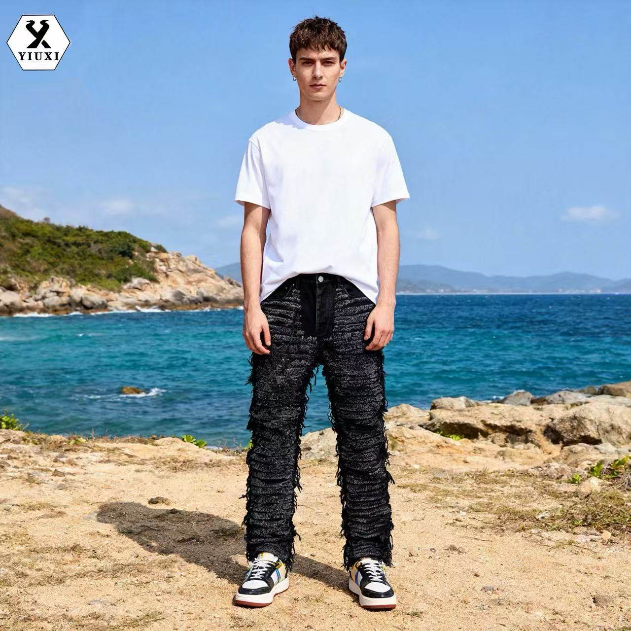 新款欧美黑色牛仔长裤