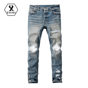 弹力长裤 宇犀新款 潮牌修身 男装 1025 欧美风复古水洗做旧割烂牛仔裤