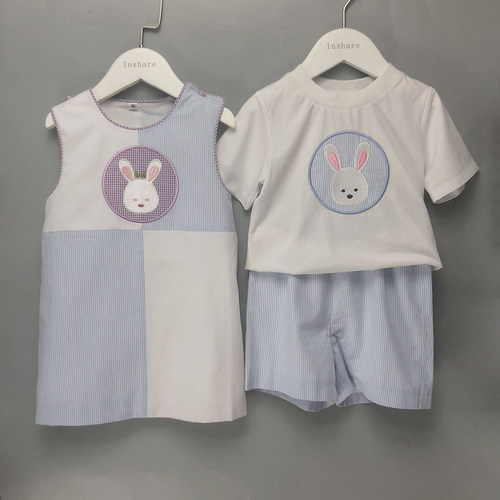 可爱兔子贴布绣花纯棉夏季兄妹装