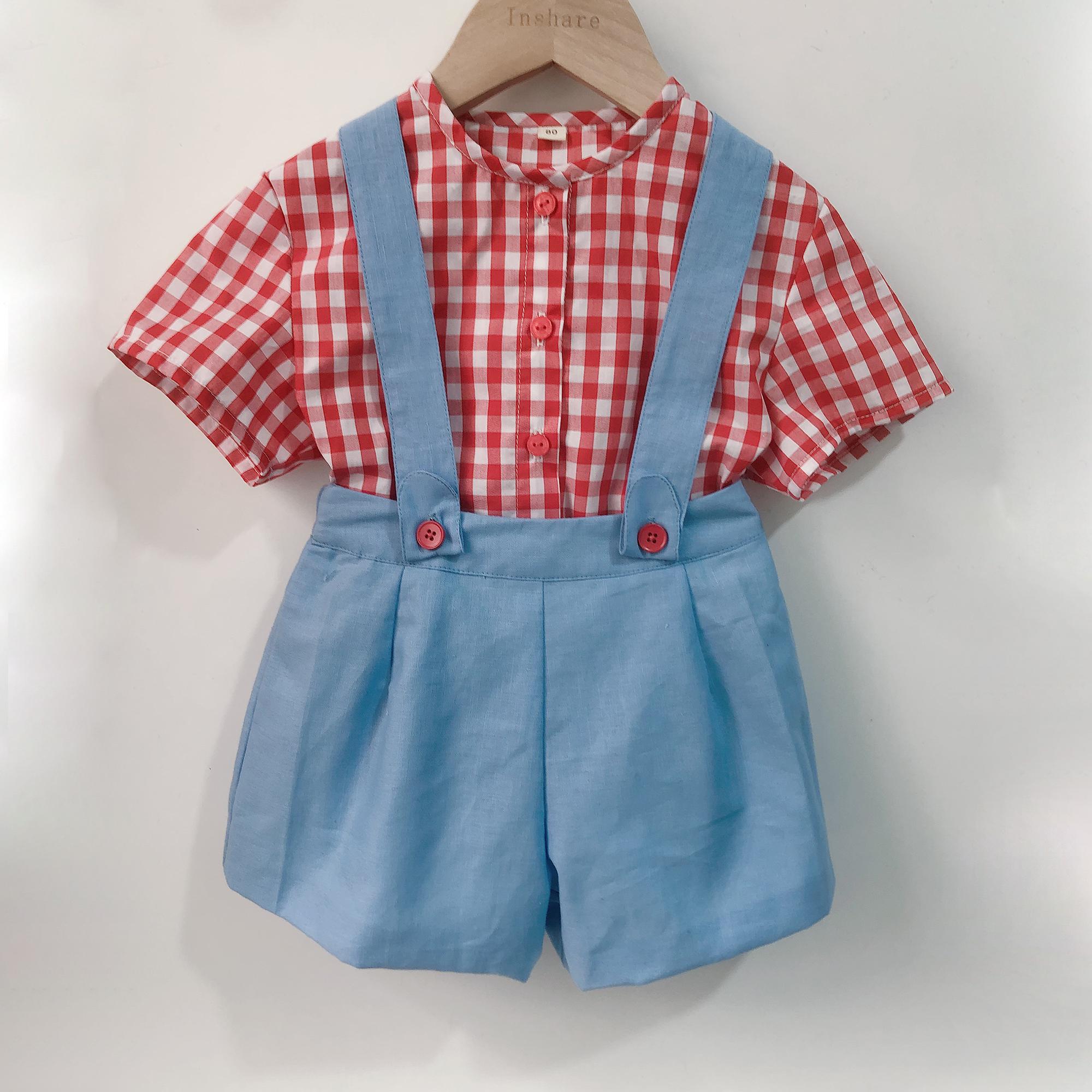 夏短袖背带裤套装红色上衣蓝色背带裤西班牙男童周岁生日手工定制