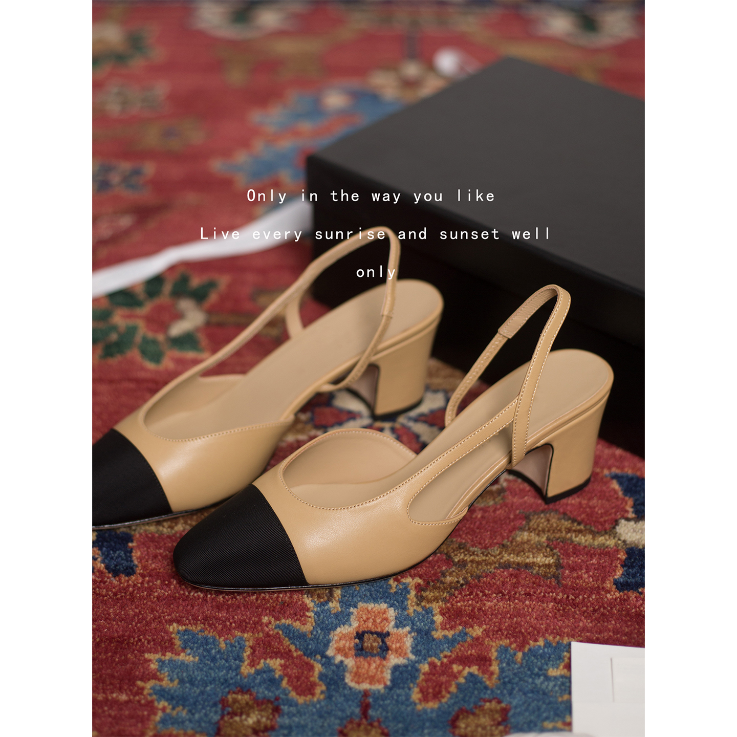 小香风拼色粗跟凉鞋女slingback