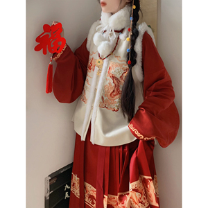 素羽华裳 好运龙龙 新年款明制汉服女比甲马面裙红色加厚秋冬套装