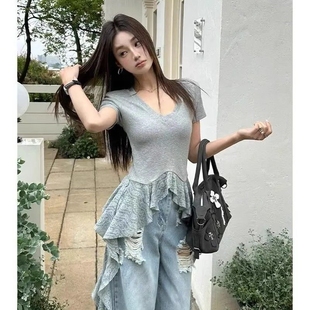 温柔风上衣ins 韩版 赫本风简约通勤甜美蕾丝短袖 t恤女2025夏季 新款