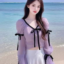 紫色v领雪纺衬衫女夏季新款2025年超火小衫高级感法式蝴蝶结上衣