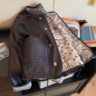 上衣 新款 欧洲站高级感复古印花潮牌炸街机车服长袖 外套女2025秋季