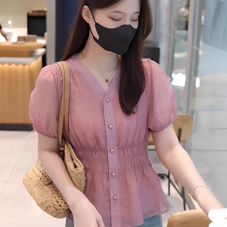 粉色小香风短袖衬衫女2025年夏季新款爆款衬衣法式收腰遮肚子上衣