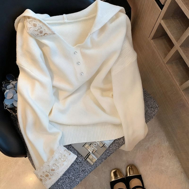 蕾丝连帽设计感长袖针织衫女