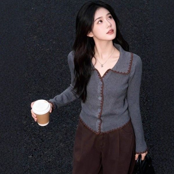 韩系复古翻领撞色针织衫女秋冬款