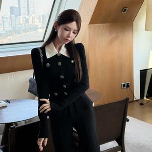 气质减龄撞色翻领拼接长袖 修身 针织衫 新款 显瘦上衣 女2025冬季 韩版