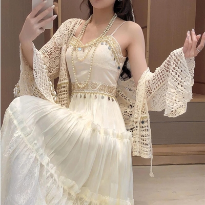 法式时尚少女风拼接收腰吊带裙女