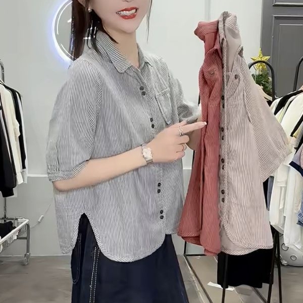 2025夏季新款复古条纹翻领衬衫女