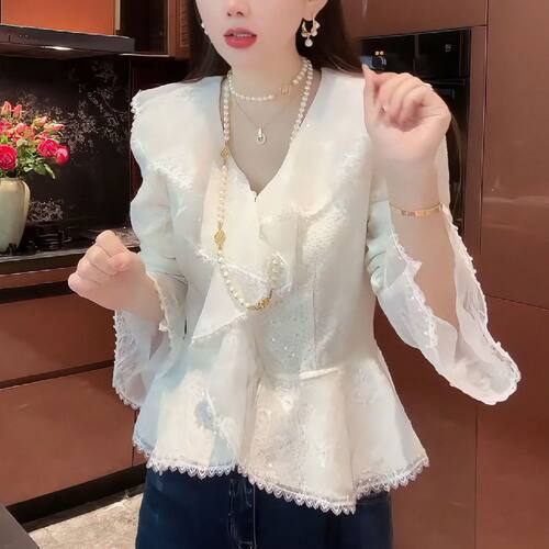 法式V领荷叶边显瘦减龄女衬衫