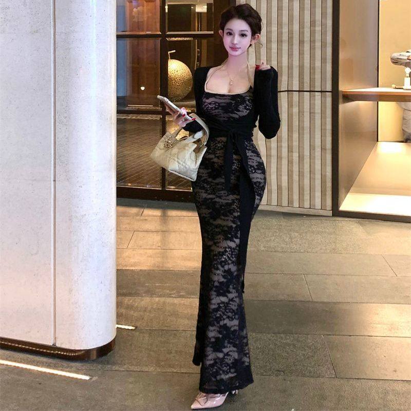 法式名媛风磨毛绒长袖开衫蕾丝连衣裙两件套女2025秋冬新款套装潮,女装/女士精品,大码套装,淘宝优惠券,粉丝福利购,淘宝优惠卷