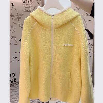 高级黄色连帽摇粒绒羊羔毛厚外套