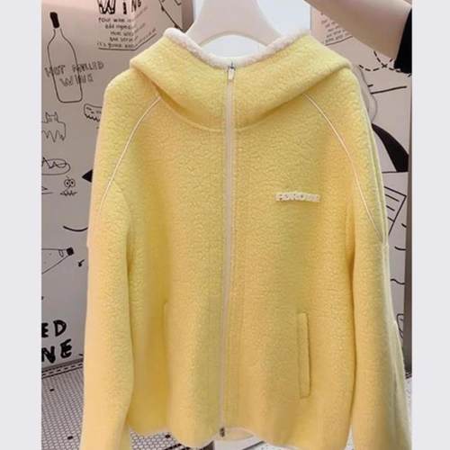 高级黄色连帽摇粒绒羊羔毛厚外套