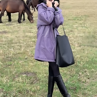 多巴胺紫色连帽棉服女2025秋冬新款 宽松加厚冲锋衣棉衣外套 中长款
