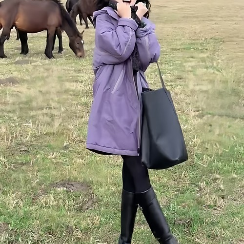 2025秋冬新款中长款紫色连帽棉服