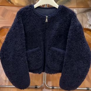 女款秋冬小个子巨好看的初冬藏青色棒球服皮毛一体短款高级感外套