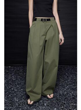 时尚潮流绿色宽松阔腿裤女早秋新款高腰修身垂感直筒美式复古休闲