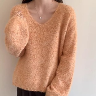 拉绒羊毛衫女V领灯笼袖一线纯羊毛衫秋冬新款宽松大码拉毛毛衣