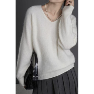 秋冬新款拉绒羊毛衫女V领套头拉毛打底衫慵懒宽松显瘦针织毛衣