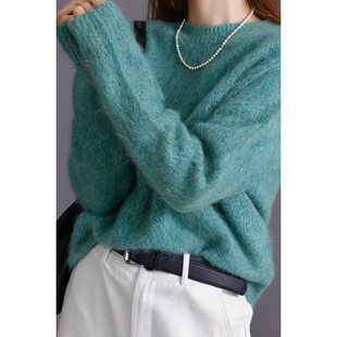 温柔慵懒紫色花纱圆领羊毛拉绒毛衣宽松显瘦拉毛羊毛衫女针织打底