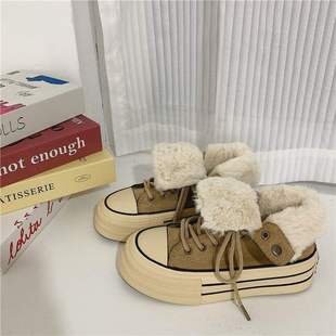 秋冬季学生韩版百搭加绒帆布鞋女2025新款高帮原宿厚底保暖棉鞋子