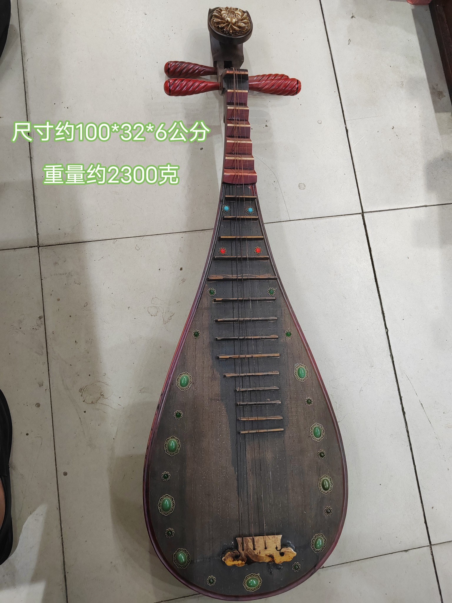 古董文玩老桐木镶宝石彩绘仙女散花漆器大号琵琶复古收藏老物件