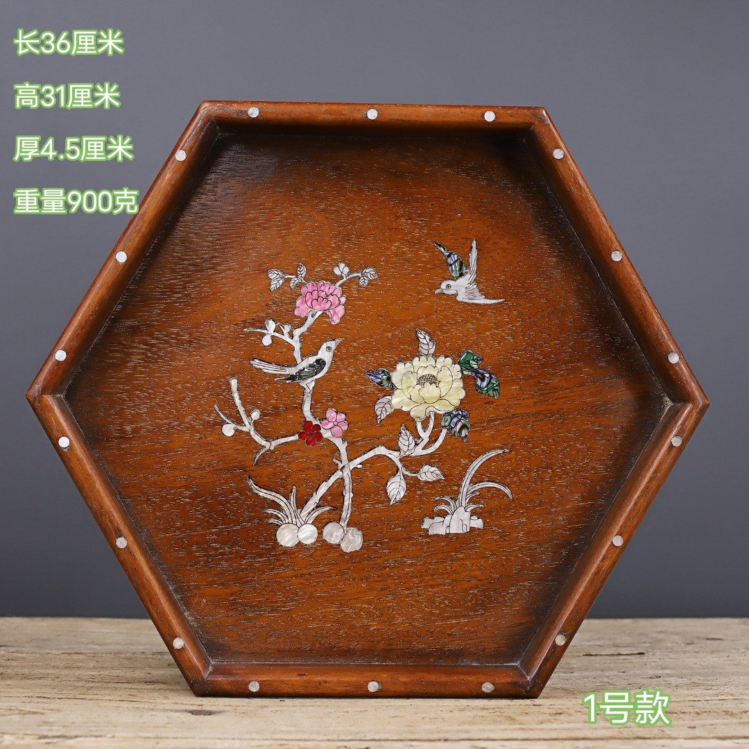 古玩木雕古董老物件花梨木镶嵌贝壳锦上添花六方茶盘家居古典摆件