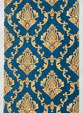 3d立体大马士革欧式墙纸卧室客厅餐厅别墅装修蓝色黄色墙纸背景墙