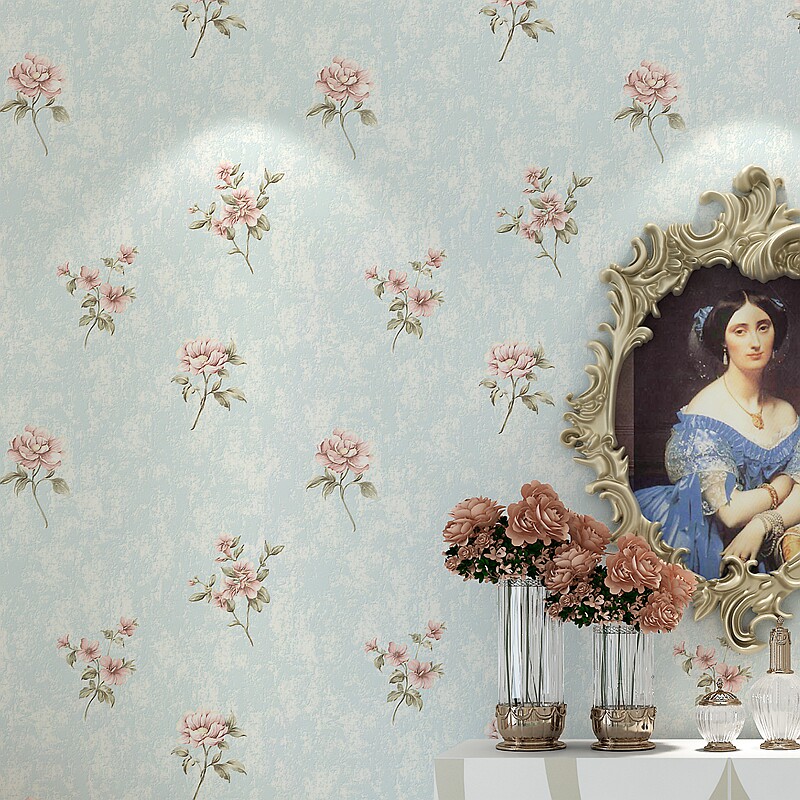 浅蓝色3D田园小碎花浮雕墙纸 卧室婚房美容院 温馨美式复古风壁纸