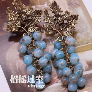 复古油画琉璃圆珠葡萄耳坠设计师镀24K金耳环中古风流苏银针饰品