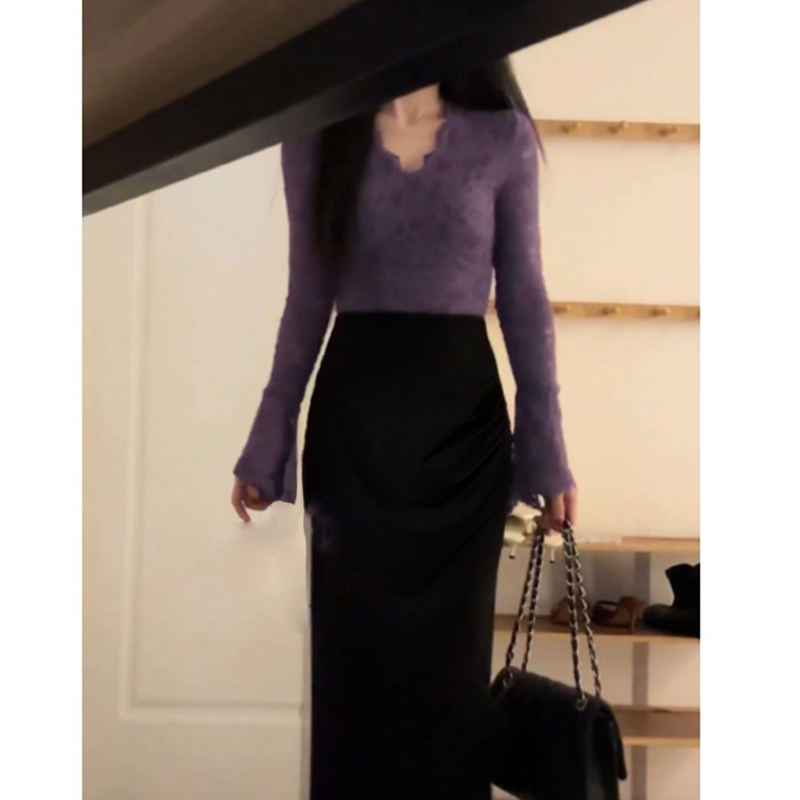 时尚修身精致千金风套装2025秋季新款显瘦上衣+半身裙两件套D3621